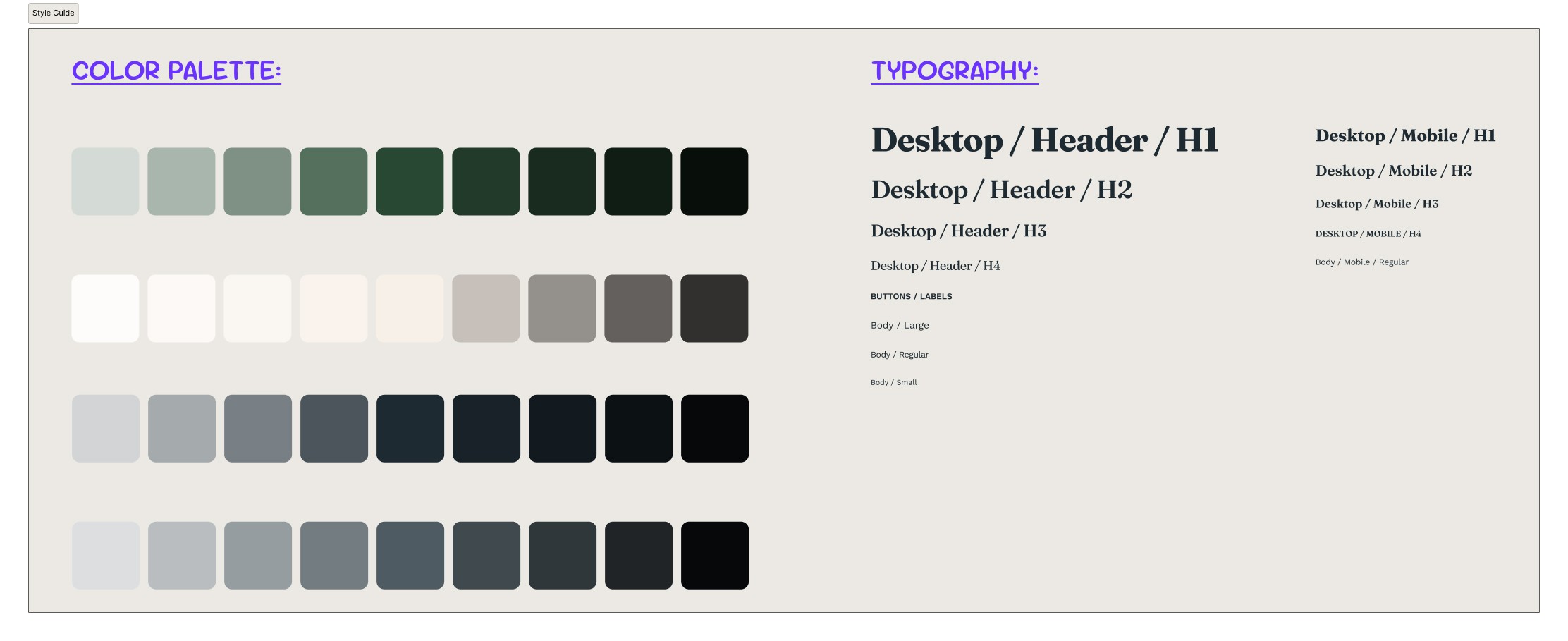 Style guide showing color palette and typography for a co-living website.