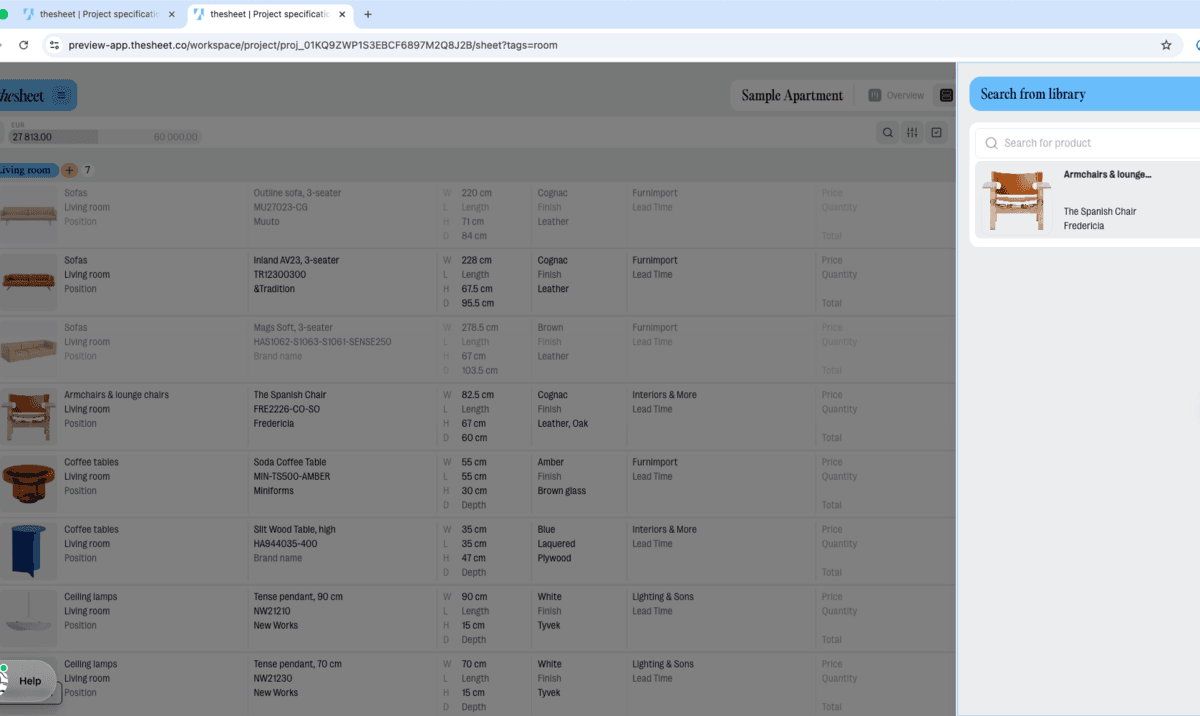 thesheet Product Library search panel showing a saved Spanish Chair ready to add to the current project