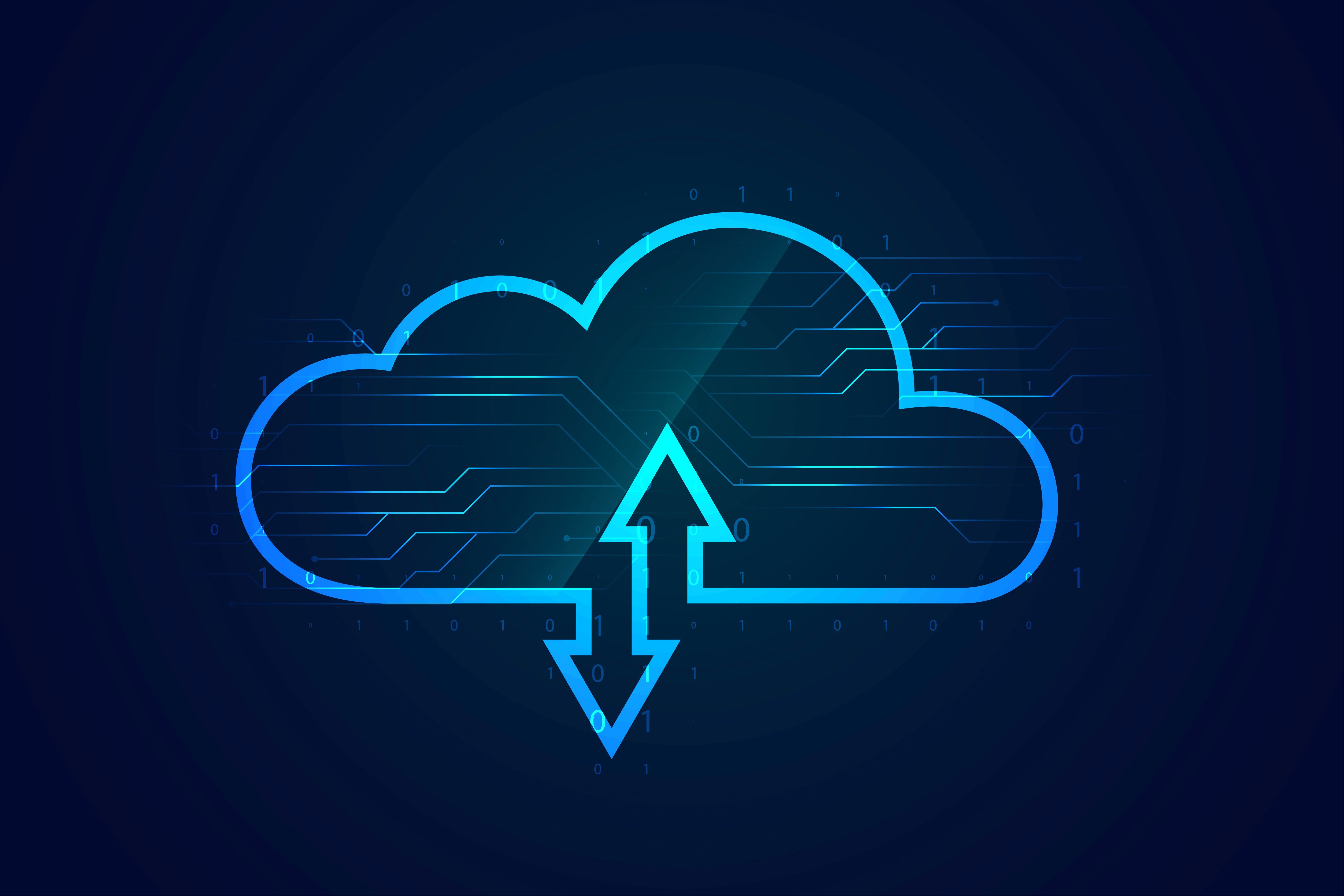 Cloud data transfer and storage technology illustration with digital network background