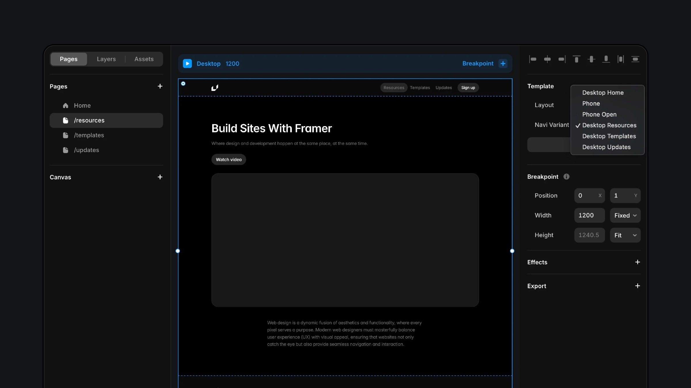 Framer design interface showing navigation variant selection in desktop layout