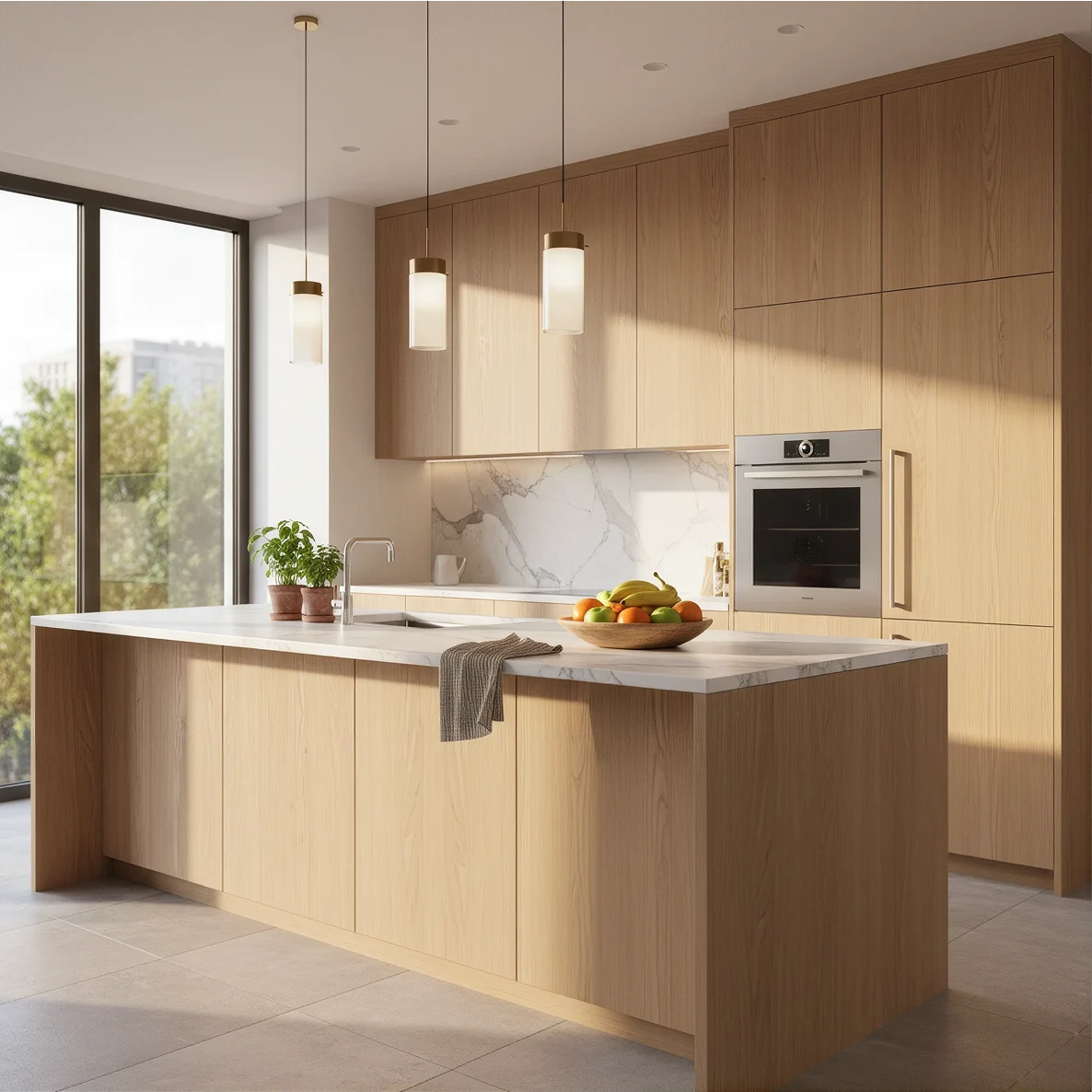 Modern apartment kitchen with a wood island, marble worktop, pendant lights, and a large window.