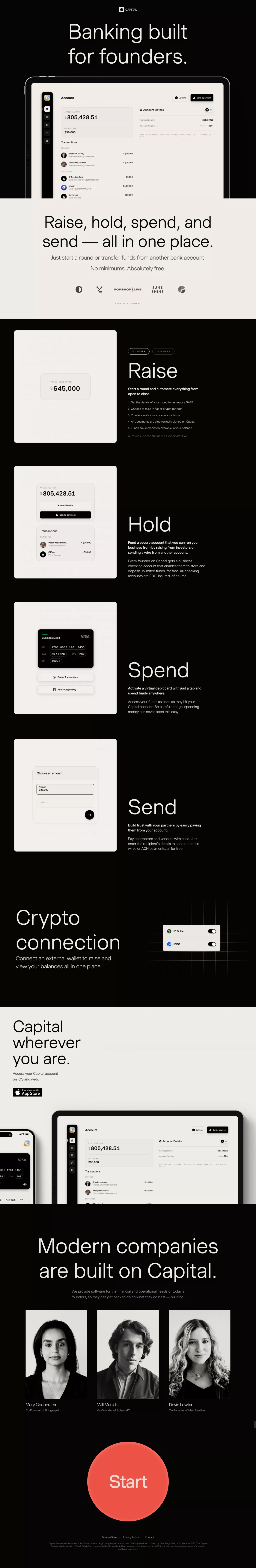 Capital landing page screenshot showcasing Tech and Finance design