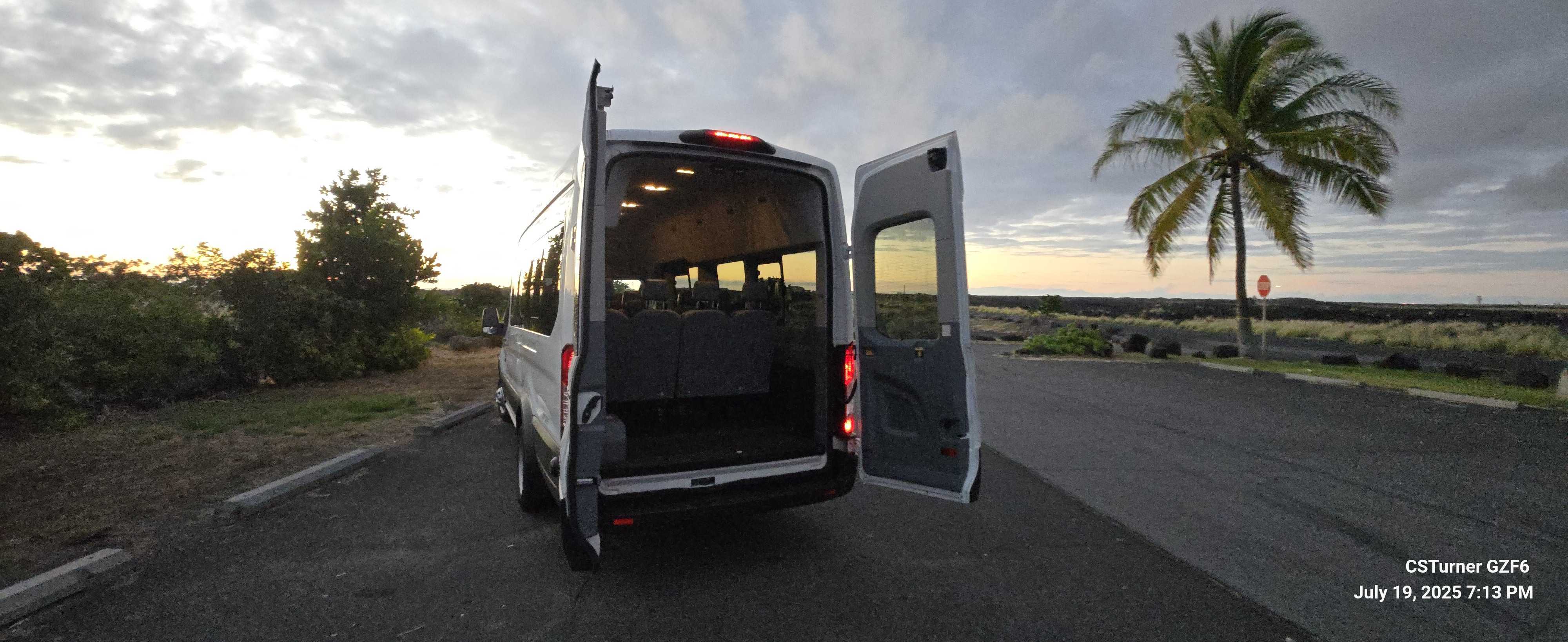 White Ford Transit XLT 15 Passenger Van Hawaii Big Island Sunset For Rent