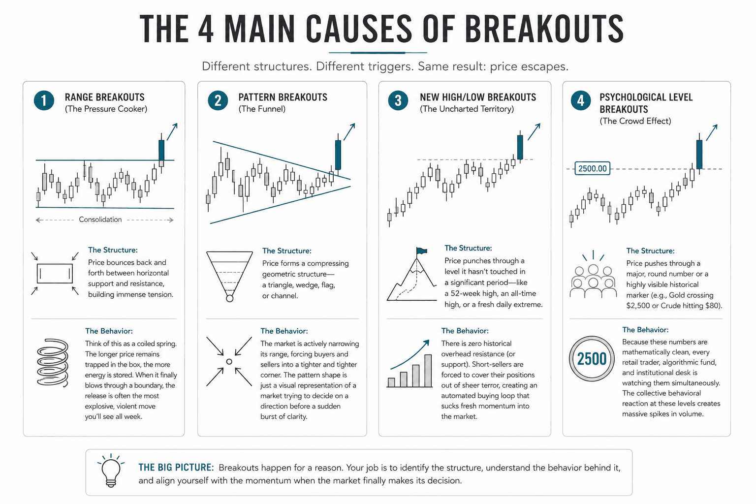 Infographic showing four common causes of trading breakouts: range breakouts from consolidation between support and resistance, pattern breakouts from triangles and wedges, new high or new low breakouts into uncharted price territory, and psychological level breakouts through major round-number price levels.