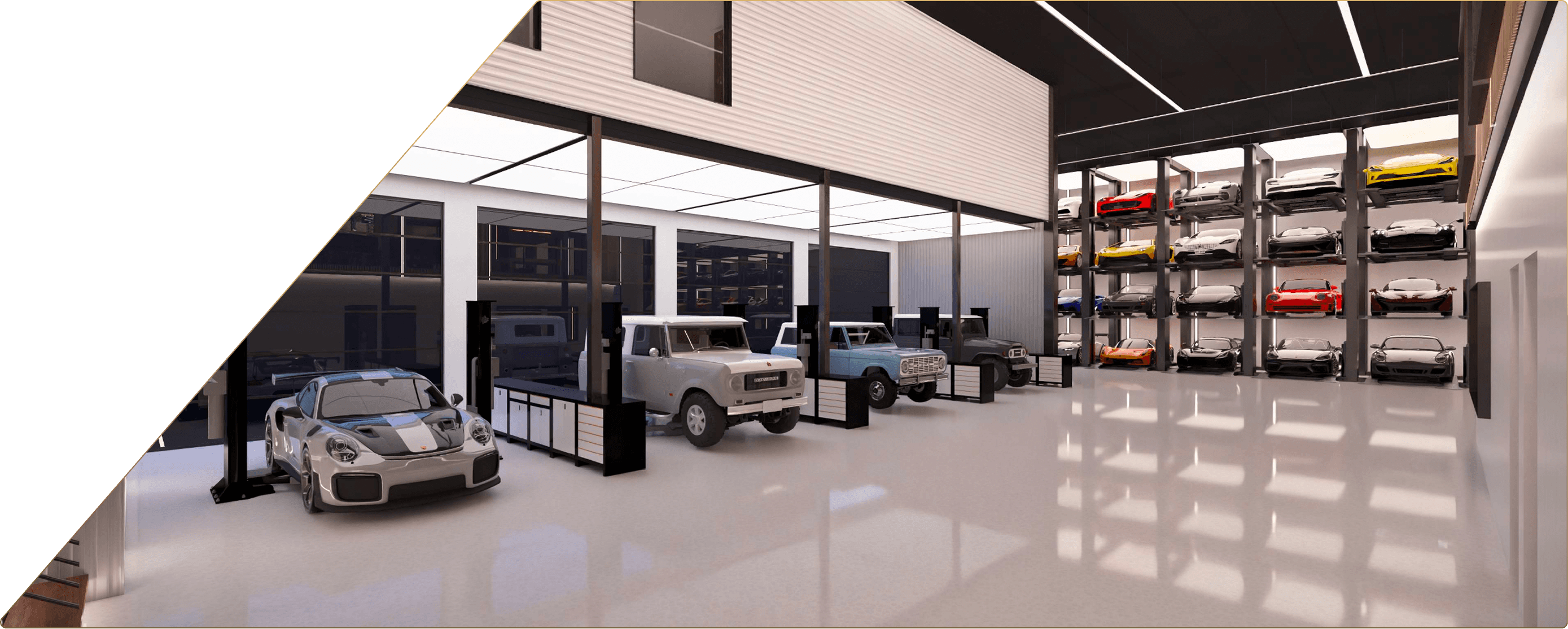 Interior shot of maintenance bays in workshop, beautifully stored vehicle showing true automotive stewardship and care under one roof