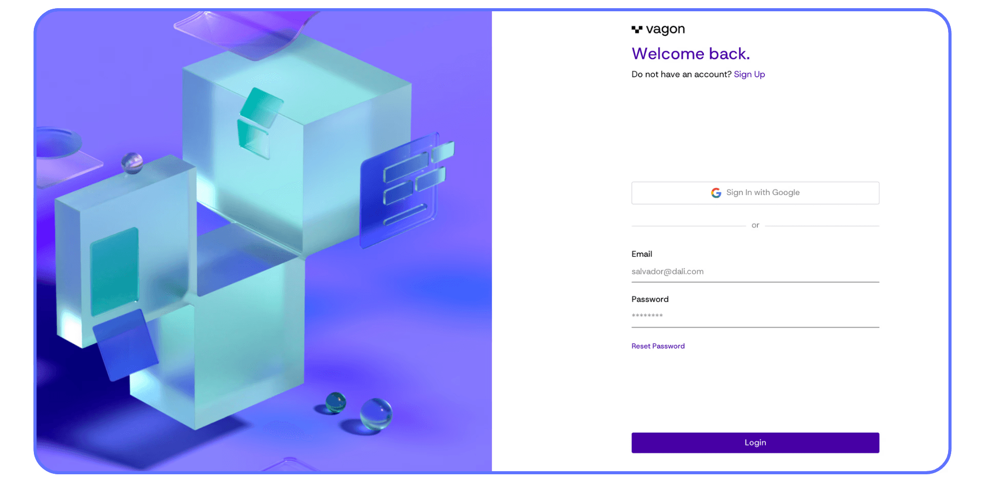 Vagon login screen with abstract 3D cubes and sign-in options