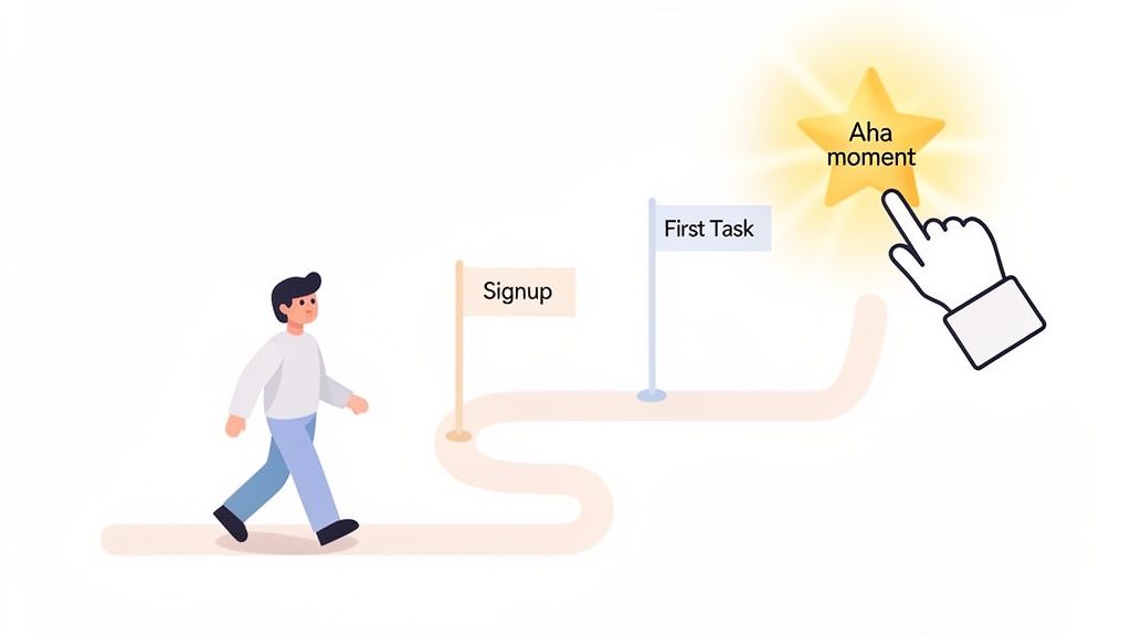 Illustration showing a user's journey through signup, first task, and reaching an aha moment.