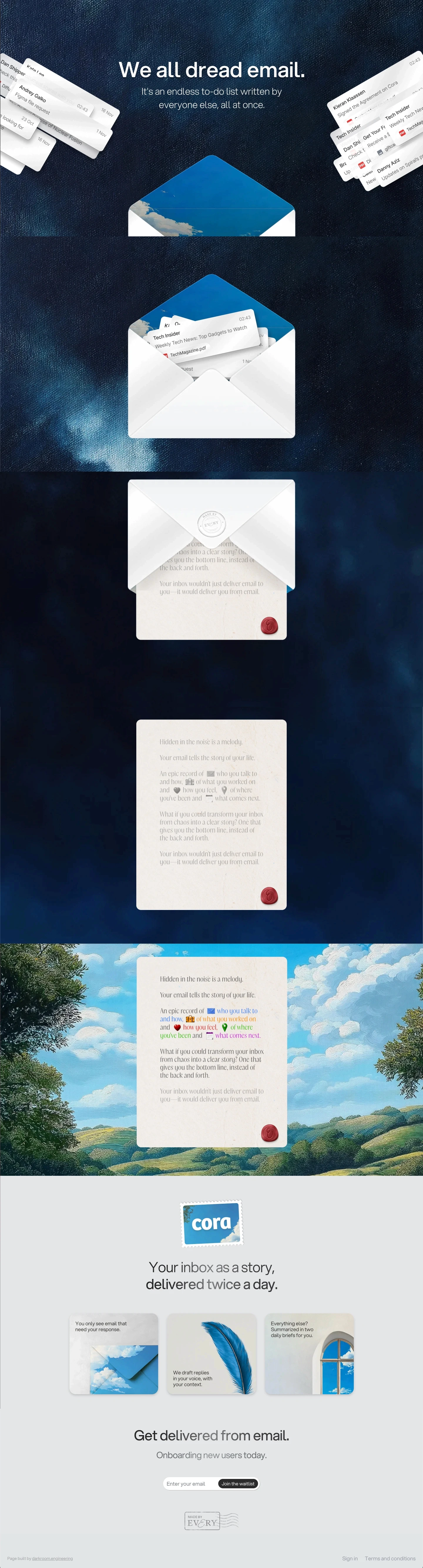 Cora landing page page screenshot showcasing Tech design