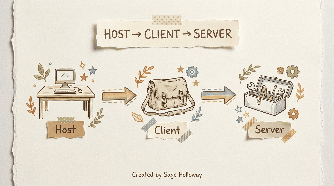Scrapbook diagram of MCP host, client, and server flow for Claude Code