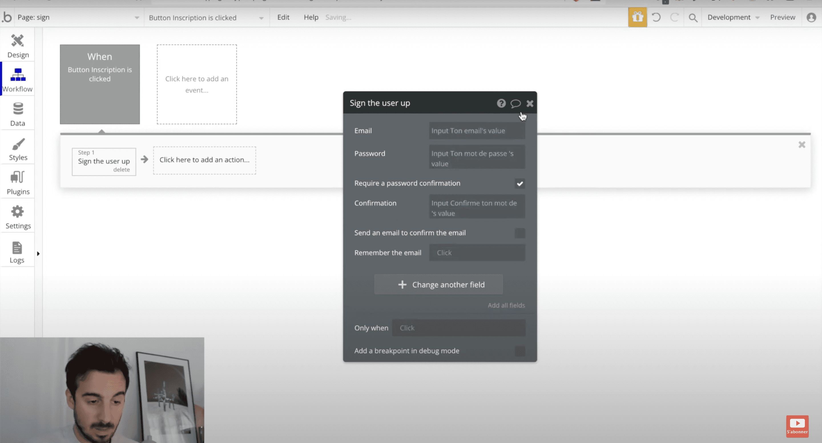 Configuration du workflow signup