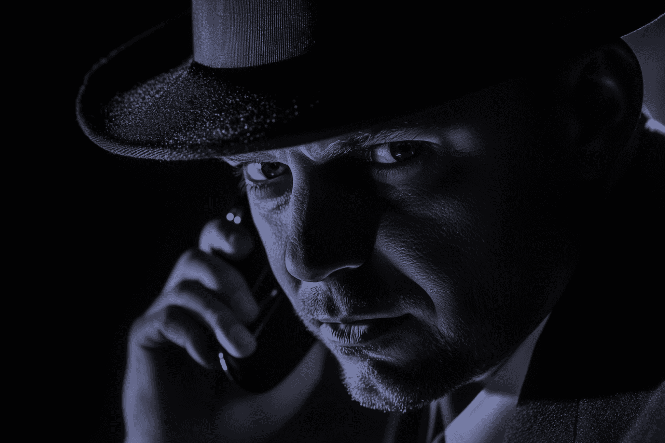 serious film noir man on phone