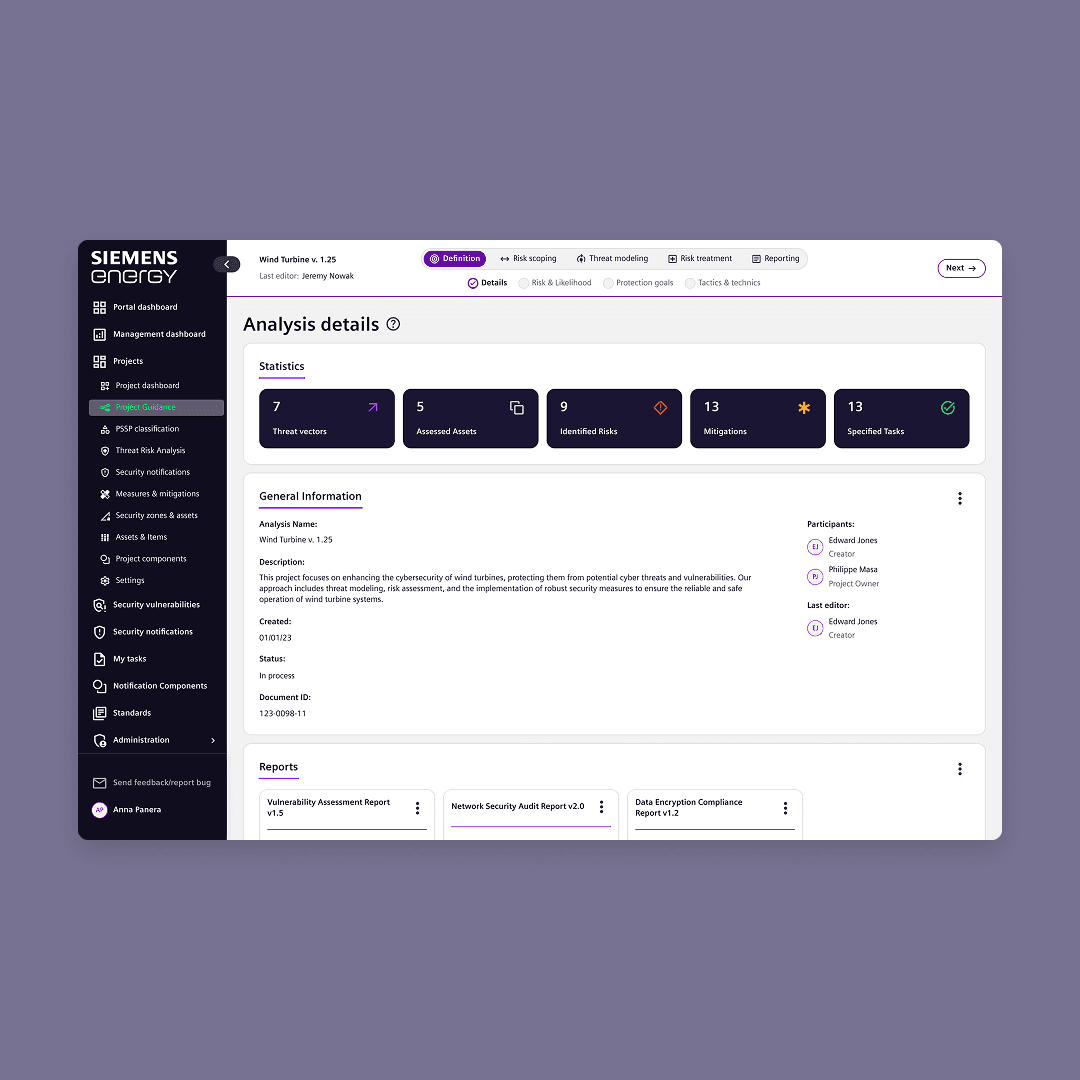 Threat and risk analysis dashboard for industrial cybersecurity platform displayed on desktop interface