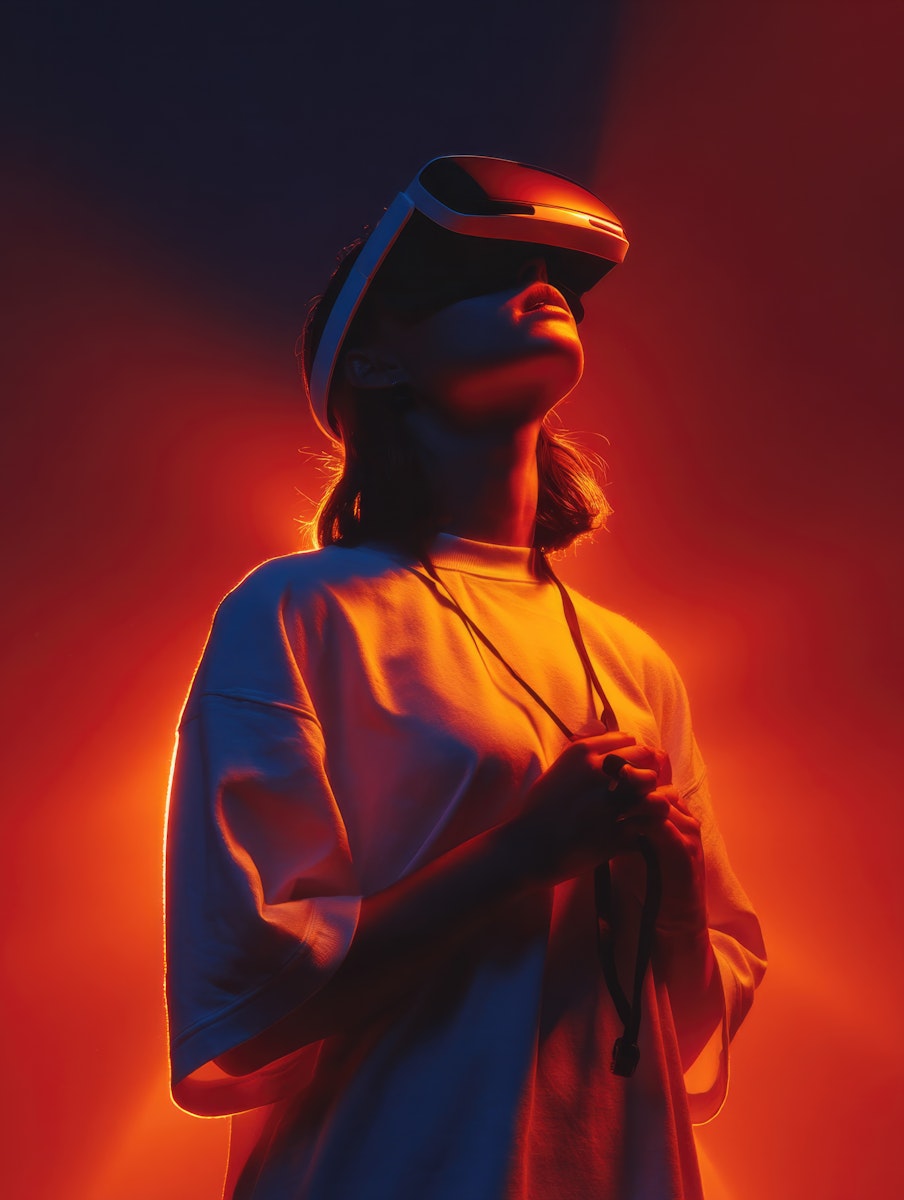 A person wearing futuristic goggles, illuminated by a warm light