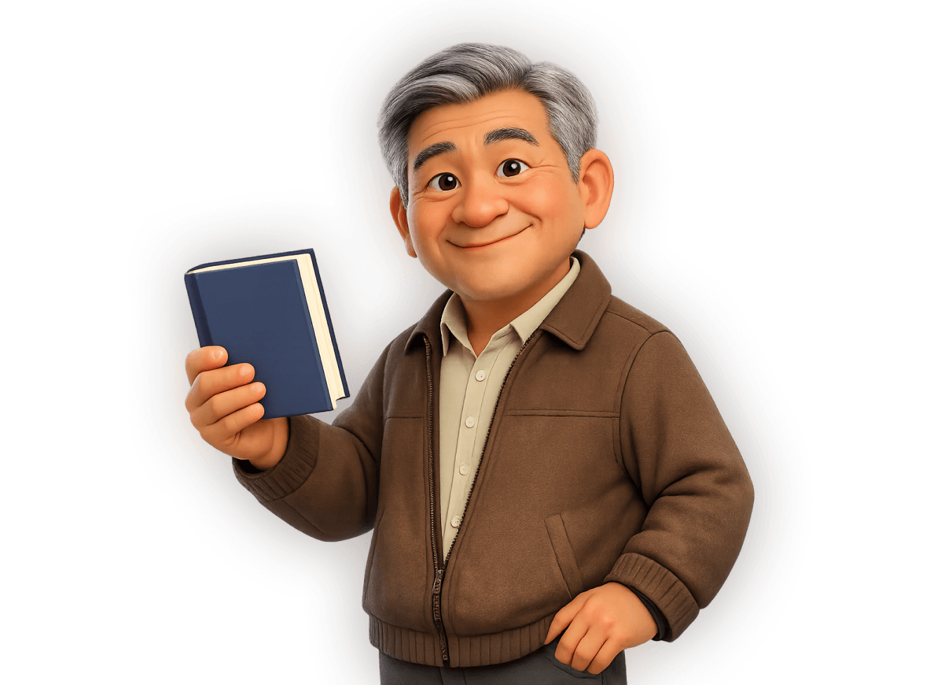 3D character holding a notebook. Looks cheerful.