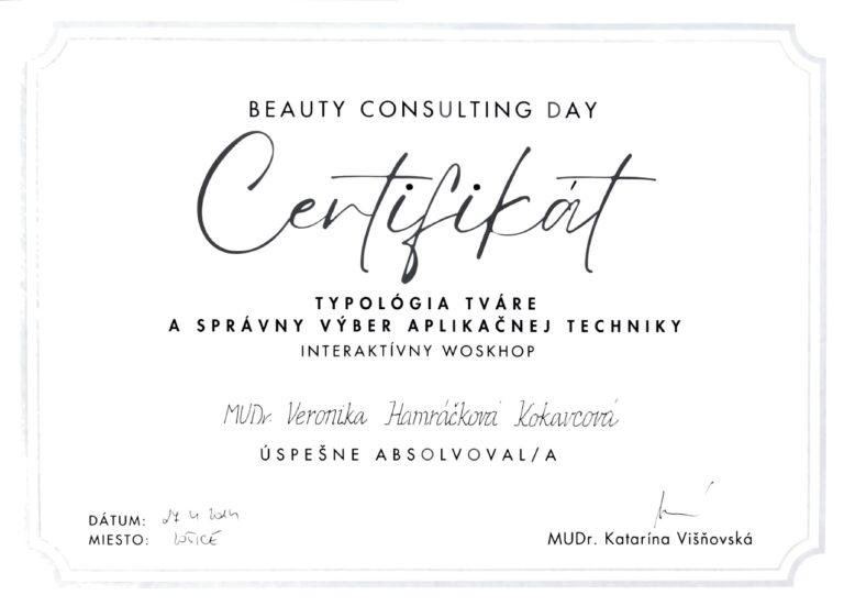 Certifikát pre MUDr. Veroniku Hamráčkovú Kokavcovú z workshopu Typológia tváre a správny výber aplikačnej techniky