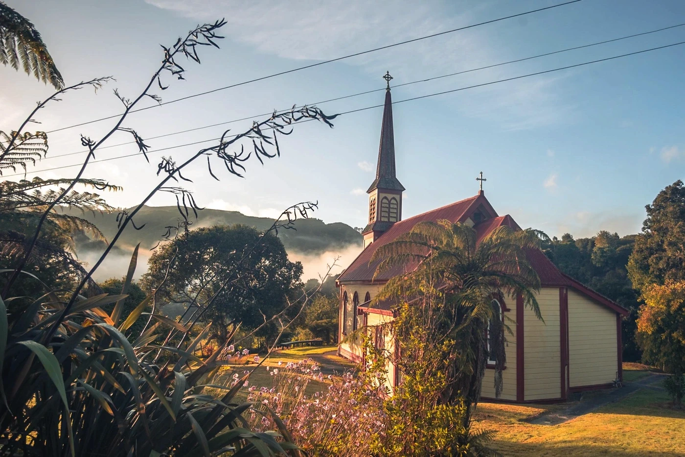 Church exterior at sunset
