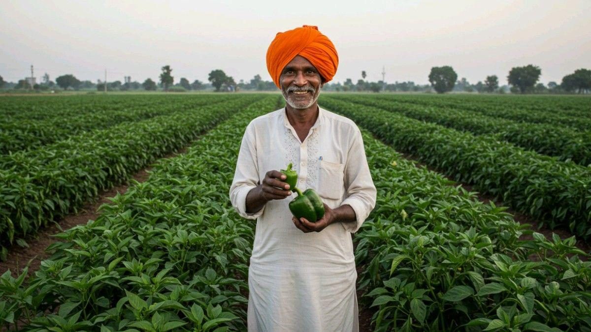 Farmer holding capsicum in his field