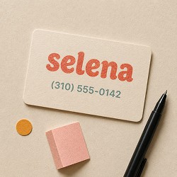 Business card on a beige surface with the name "Selena" in bold red letters, a phone number, a small orange circle, pink eraser, and black pen nearby.