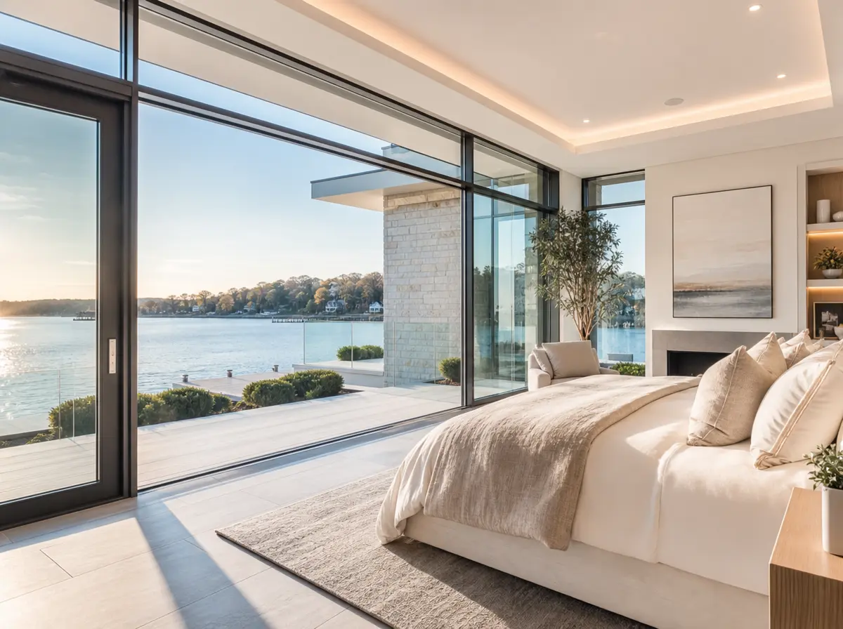 Modern luxury master bedroom featuring floor-to-ceiling sliding glass doors with panoramic waterfront views, neutral bedding, indoor tree, and minimalist fireplace