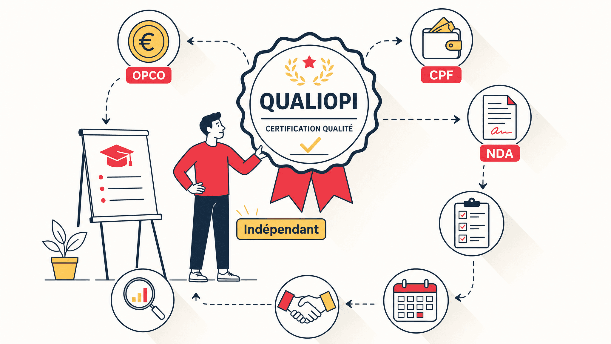 Formateur indépendant présentant un certificat qualité entouré d'icônes de financement OPCO, CPF et NDA