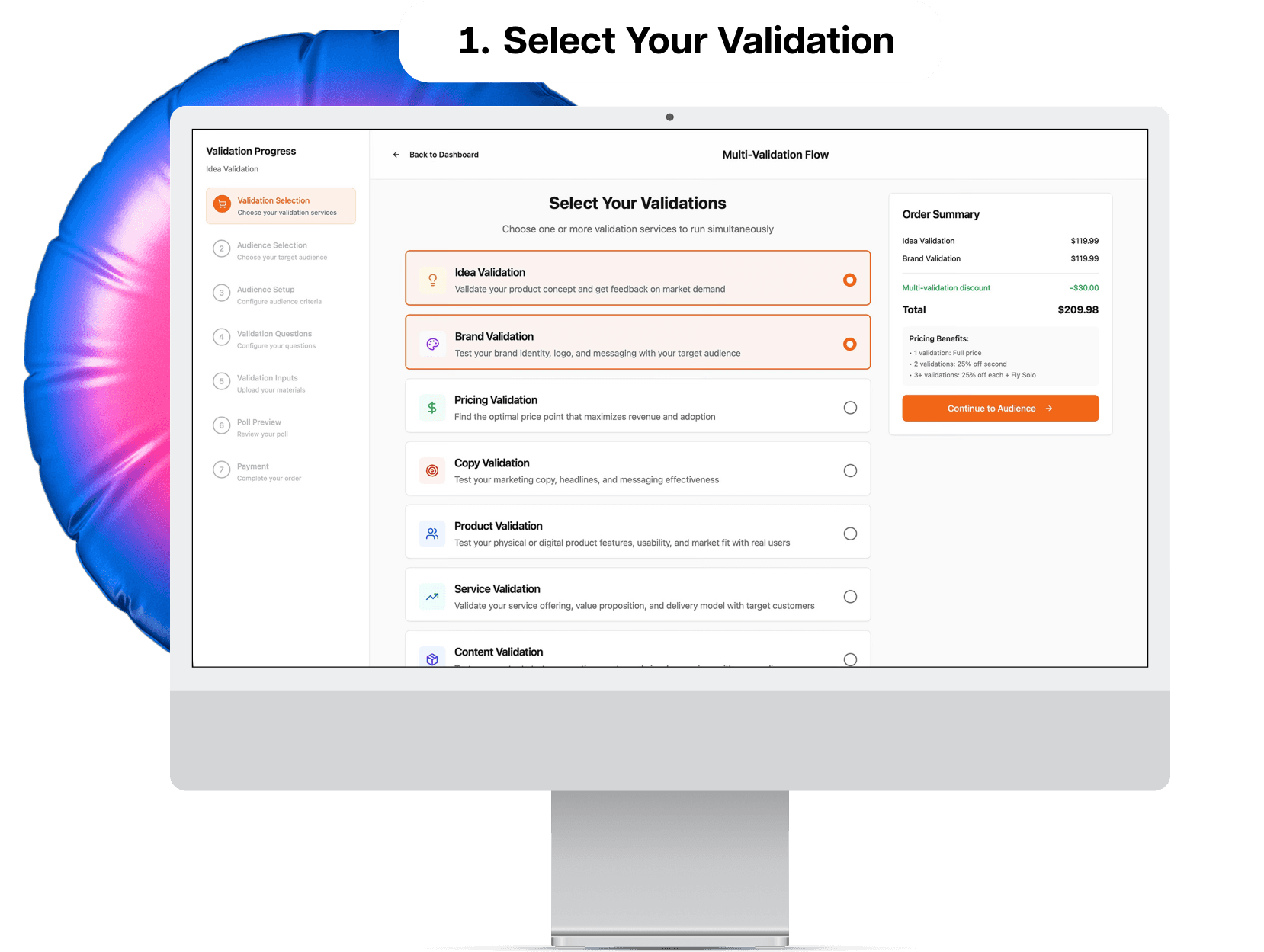 The SegmentOS platform interface showing Step 1: Select Your Validation, where a user selects validation types like Idea, Brand, and Pricing and sees an order summary.