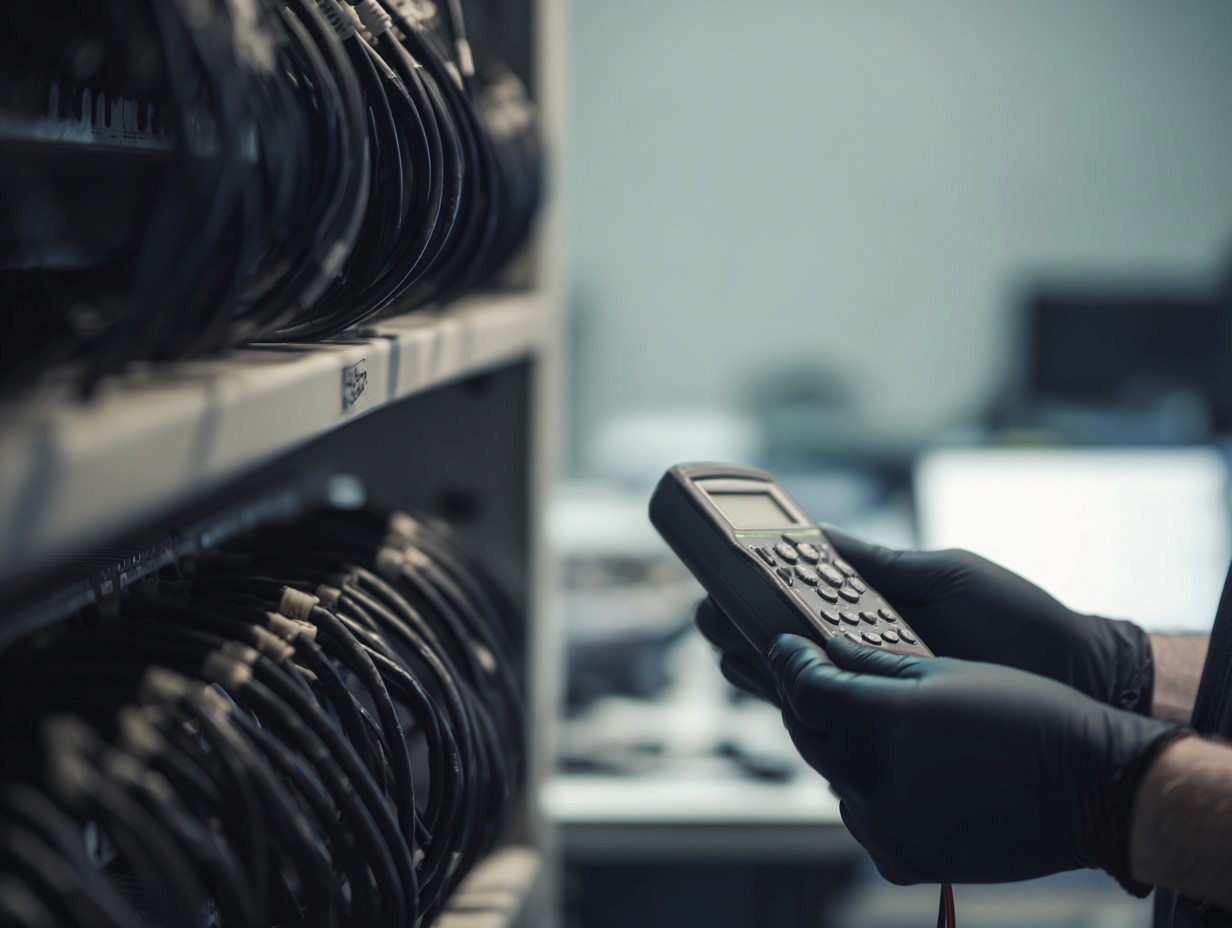A person wearing gloves holds an electronic testing device in a data center, surrounded by shelves filled with neatly organized cables, highlighting a high-tech, professional environment.