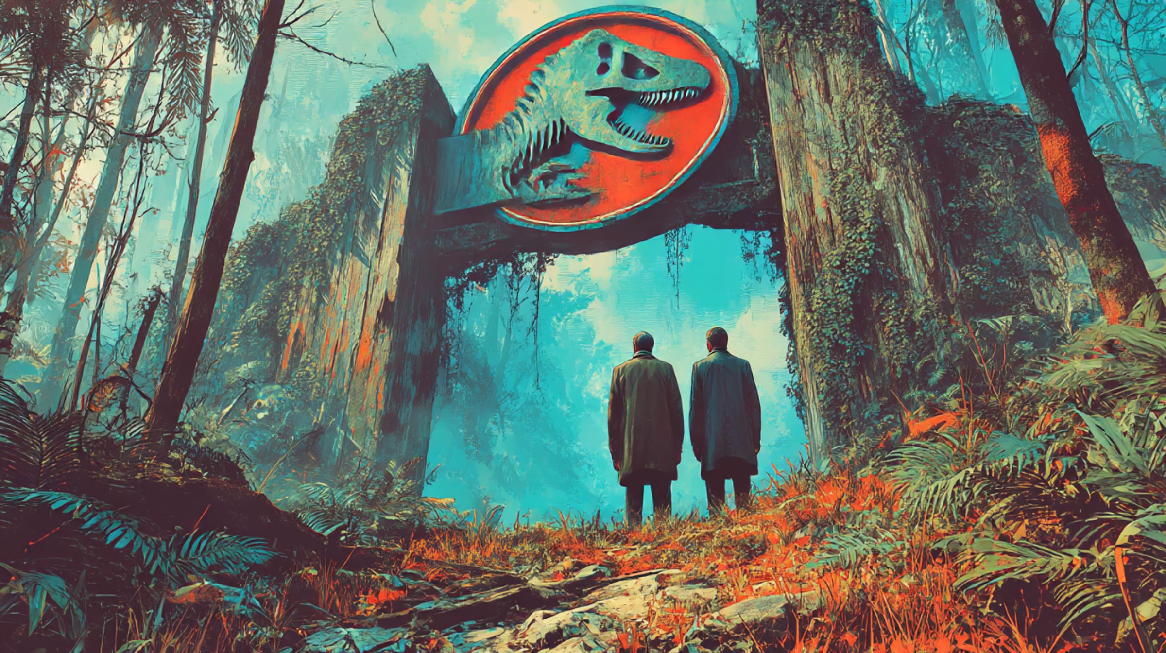 Two figures stand before the overgrown Jurassic Park gates at dawn — red emblem glowing through vines as an old myth prepares to evolve.