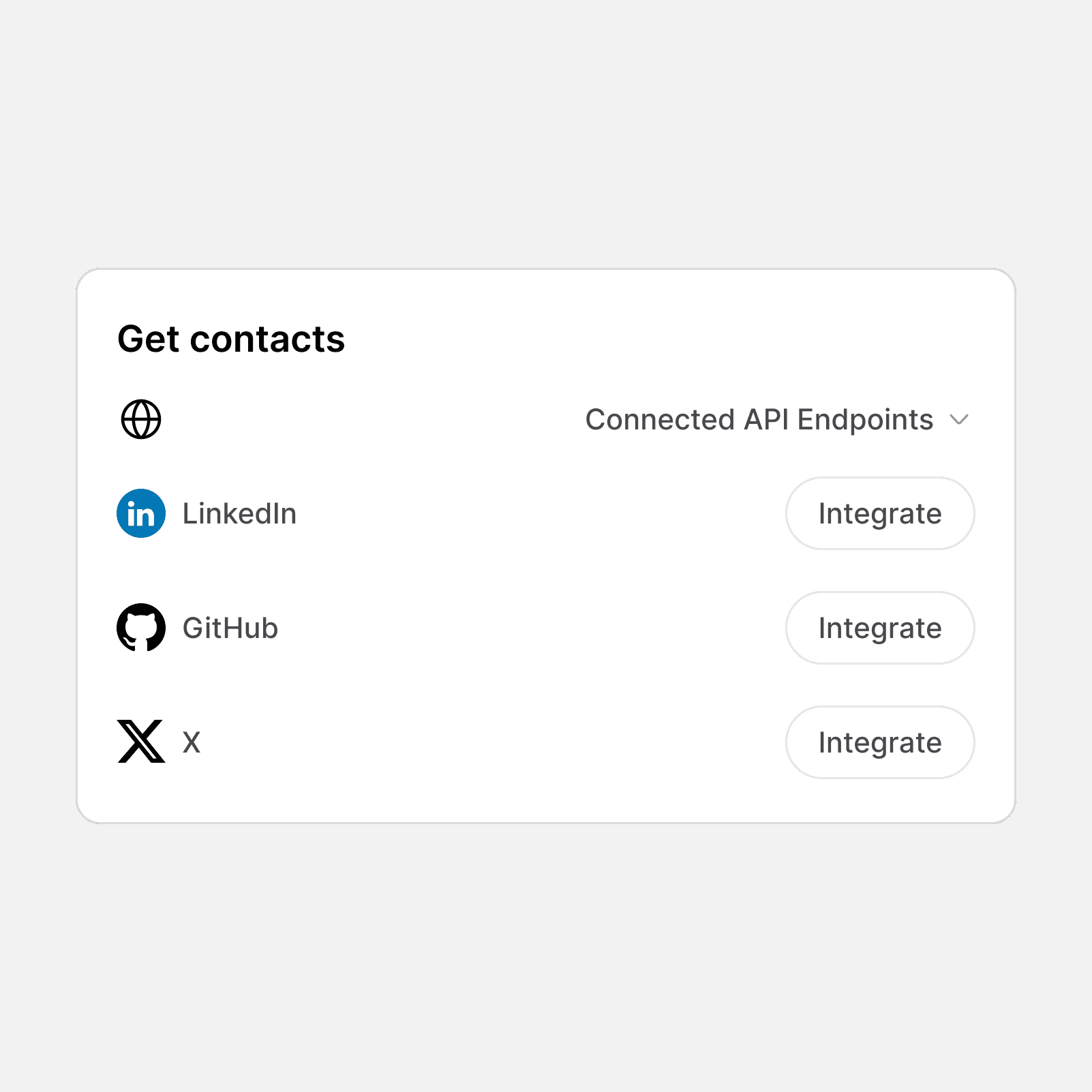 Integration options for retrieving contacts from platforms like LinkedIn, GitHub, and X, with “Integrate” buttons.
