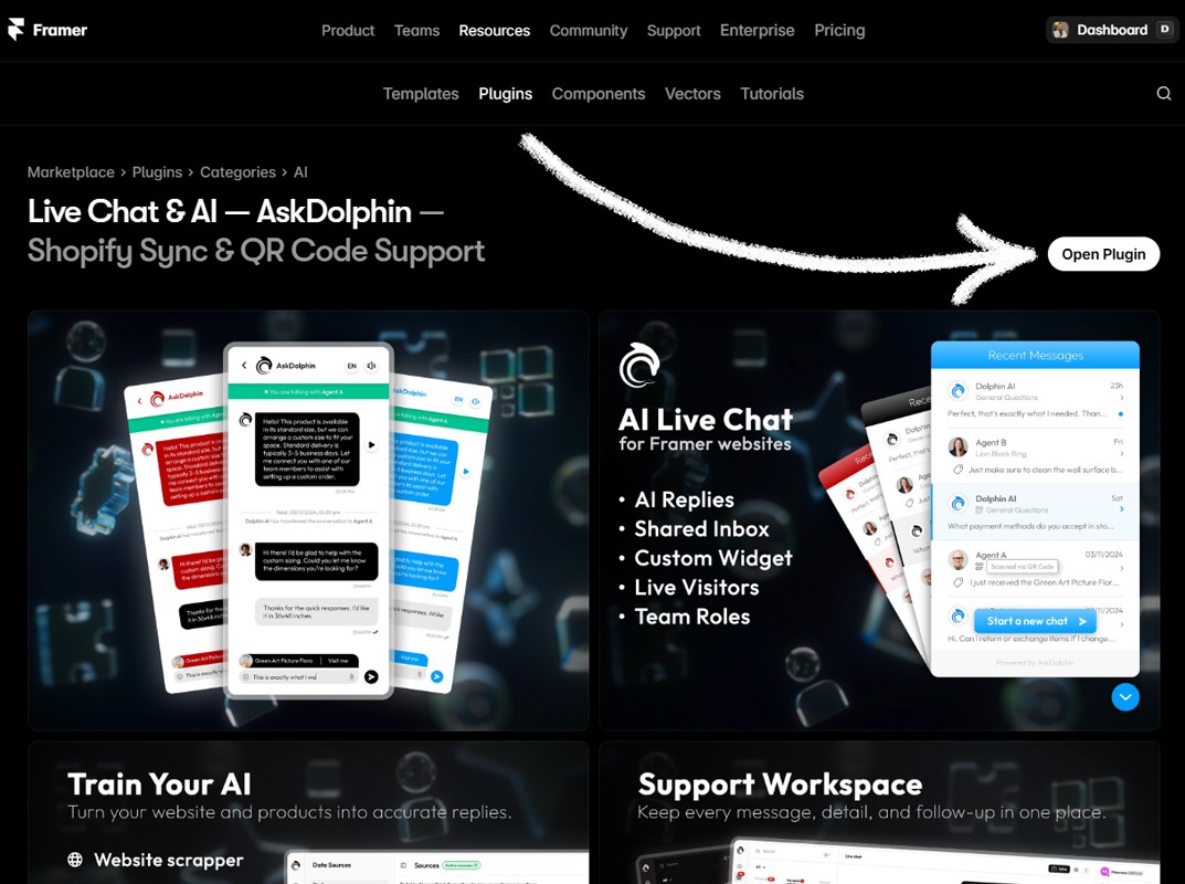 AskDolphin interface preview showing chat widget and dashboard features and arrow guide to click on Open Plugin button in the Framer Marketplace