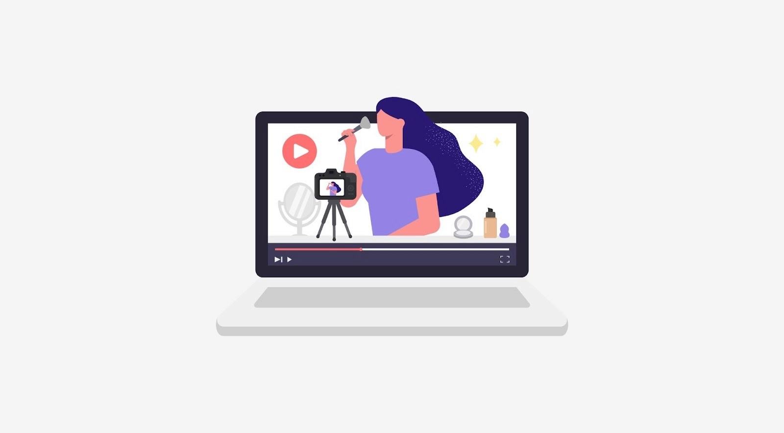 Beauty influencer filming makeup tutorial on laptop with camera and skincare products