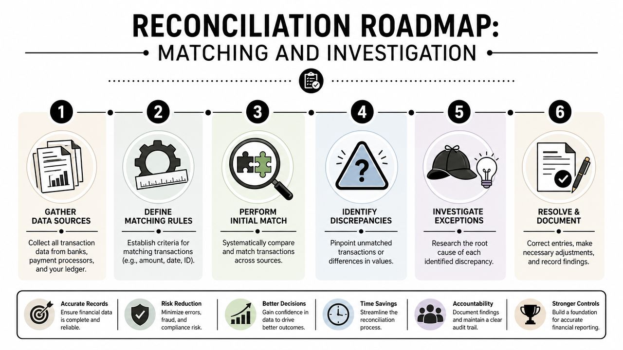A six-step reconciliation roadmap infographic outlining the process of matching and investigating financial transactions.