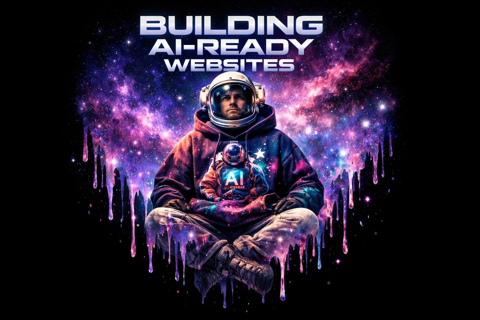 a surreal and vibrant cinematic photo of an astronaut with a determined expression, wearing a bold oversized hoodie with a futuristic streetwear graphic, floating serenely in the depths of space surrounded by a cosmic paint drip effect, with bold typography BUILDING AI-READY WEBSITE
