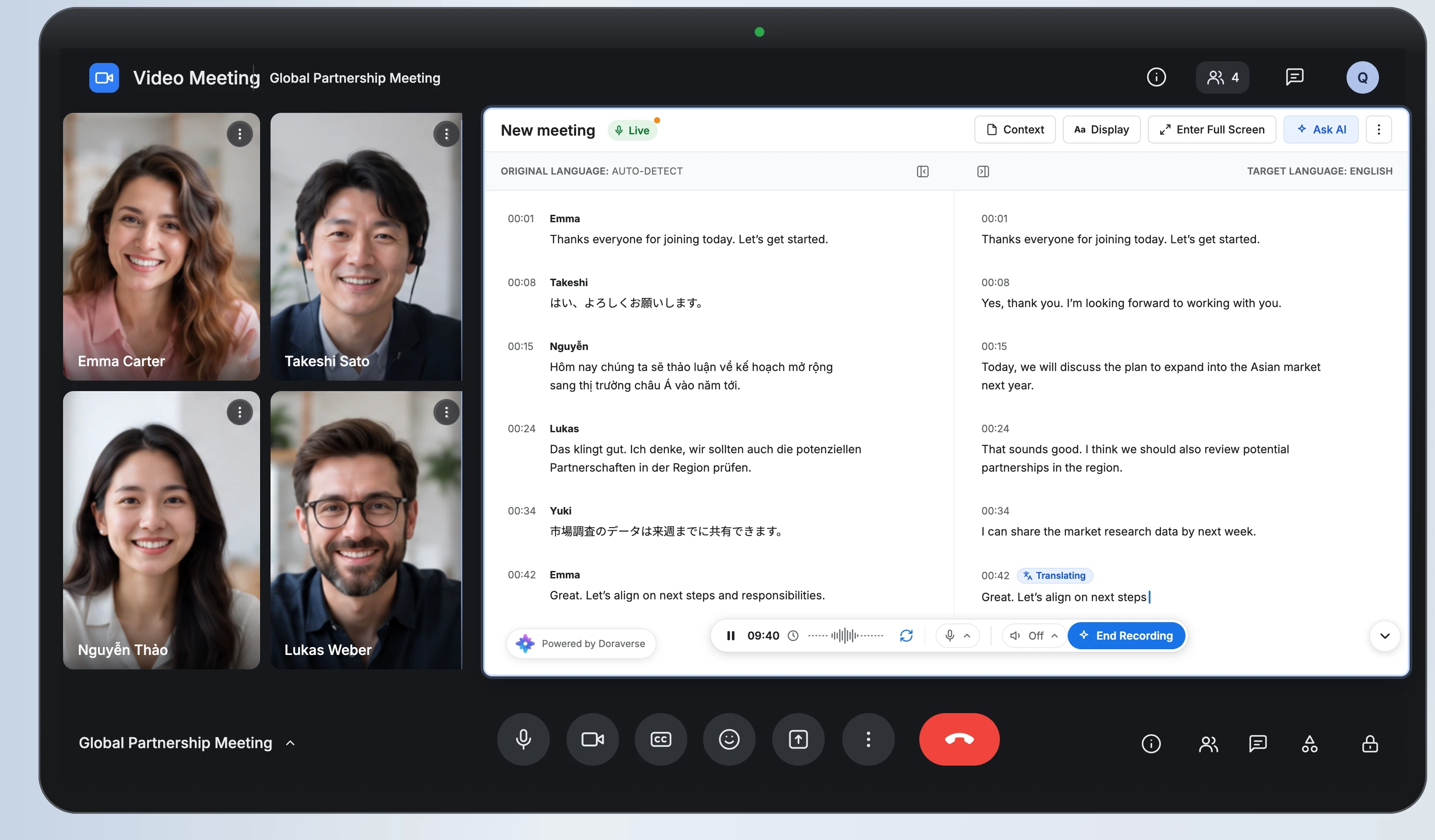 Multinational team video meeting with Doraverse real-time translation transcript next to participants