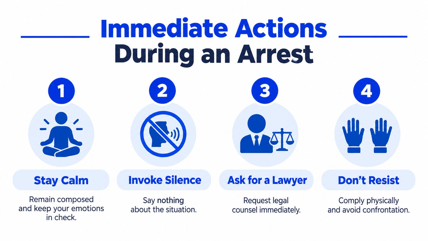An infographic titled Immediate Actions During an Arrest outlining four essential steps to take during police contact.