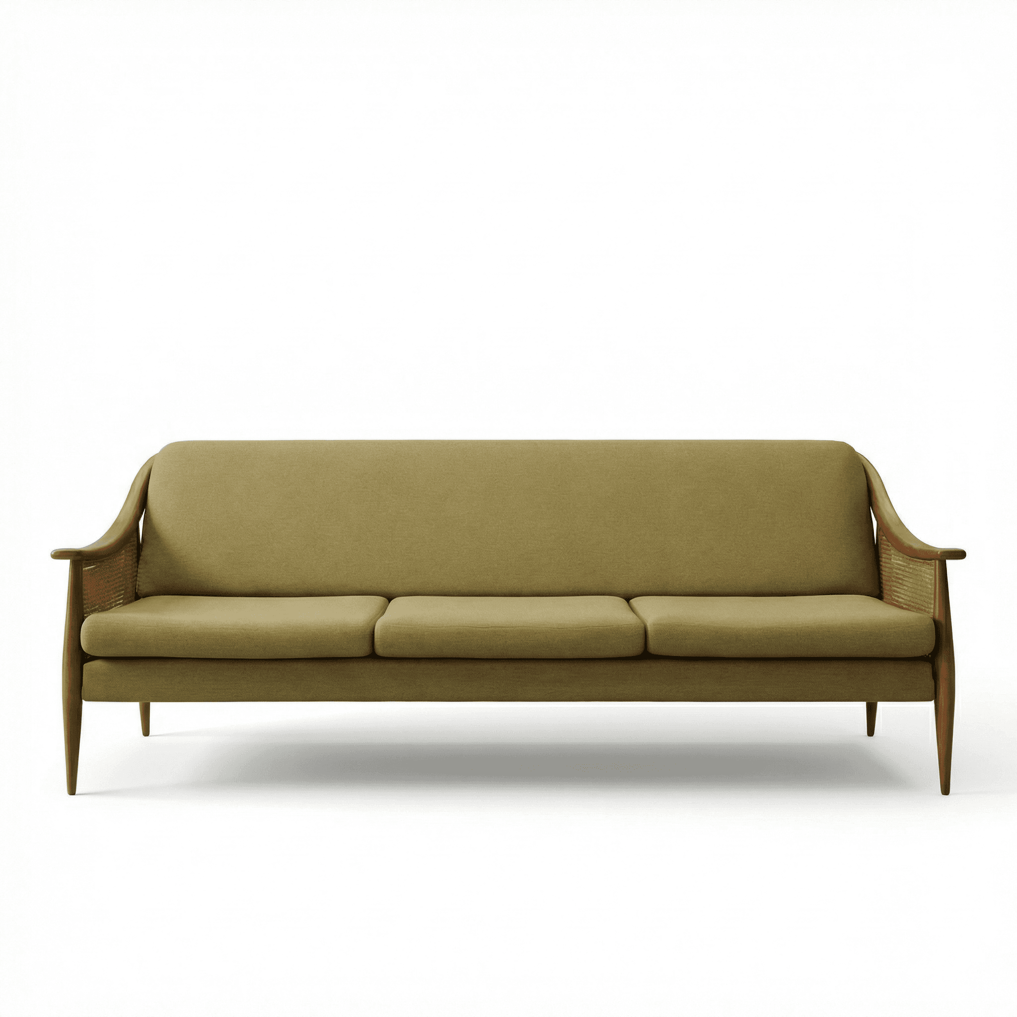 A refined three‑seater with cane side detailing, slender proportions, and a relaxed silhouette.