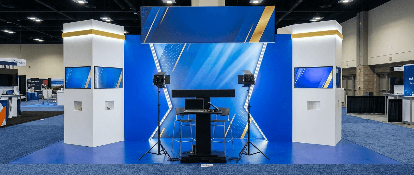 藍白色現代展覽攤位設計，配備多媒體螢幕及專業燈光講台，適用於香港商務引流及精準獲客活動。