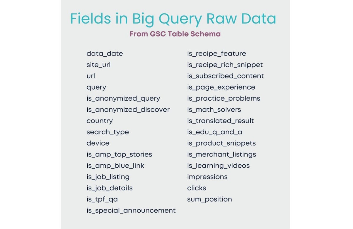 Fields in Big Query Raw Data