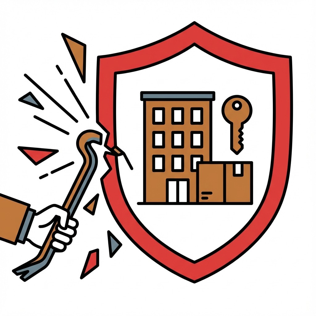 Grafik: Eine Hand mit Brecheisen knackt ein rotes Schutzschild, das Haus, Schlüssel und Kartons schützt.