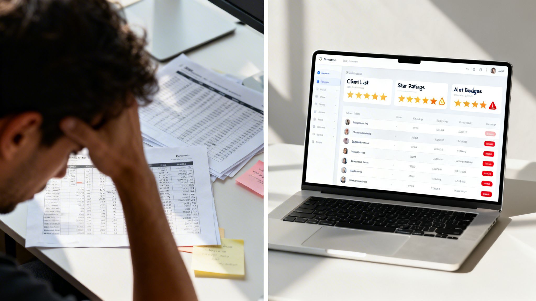 A stressed person reviews paper documents next to a laptop displaying client reputation management software.