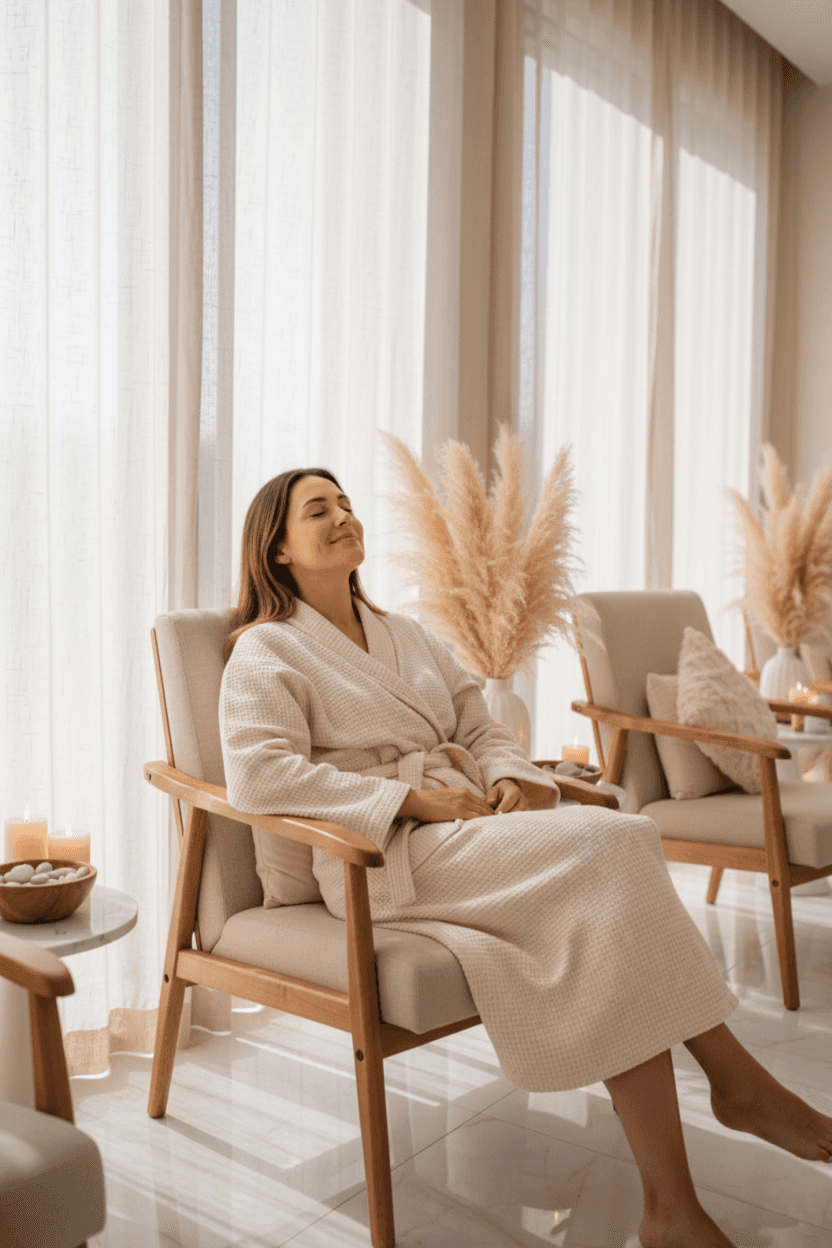 A woman in a soft beige robe relaxing in a calm spa lounge at Havie & Moon, Dubai Hills Estate. Natural sunlight filters through linen curtains, surrounded by candles and pampas decor — symbolizing slow beauty and mindful self-care.