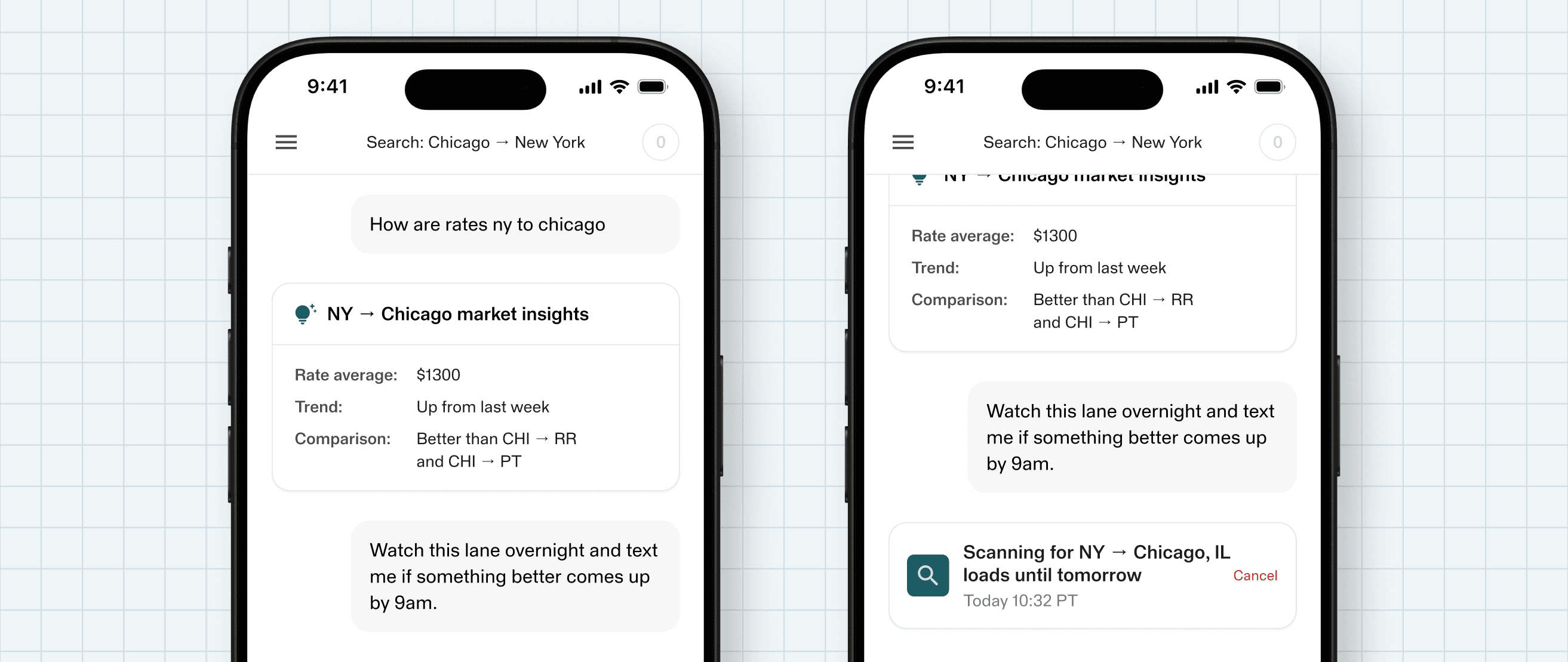Dispatch app screenshot showing a carrier checking live rate insights on the New York to Chicago lane and setting an overnight load alert to be notified by 9am if a better option appears.