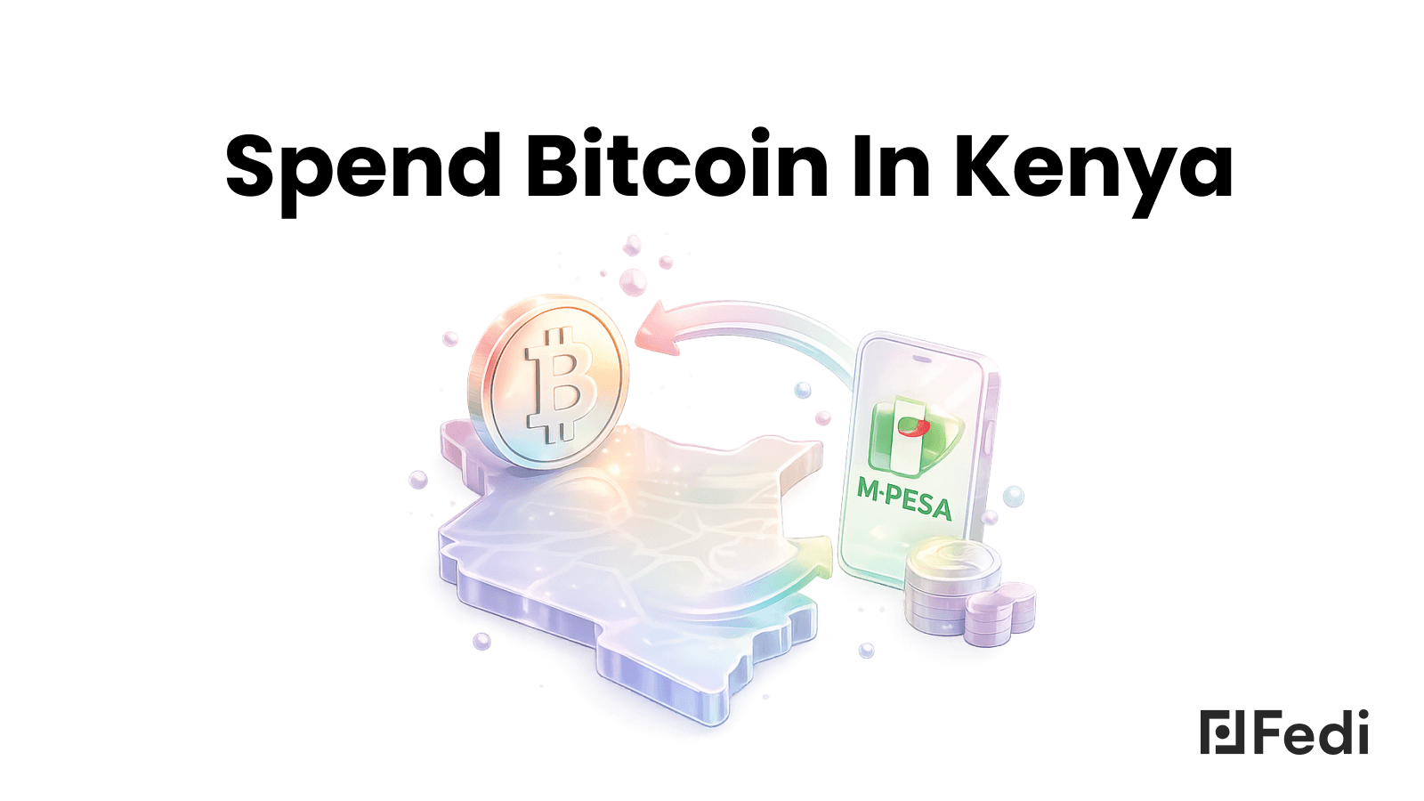 Spend Bitcoin in Kenya illustration showing a Bitcoin coin transferring to M-PESA on a mobile phone, representing Bitcoin payments settling into local mobile money.