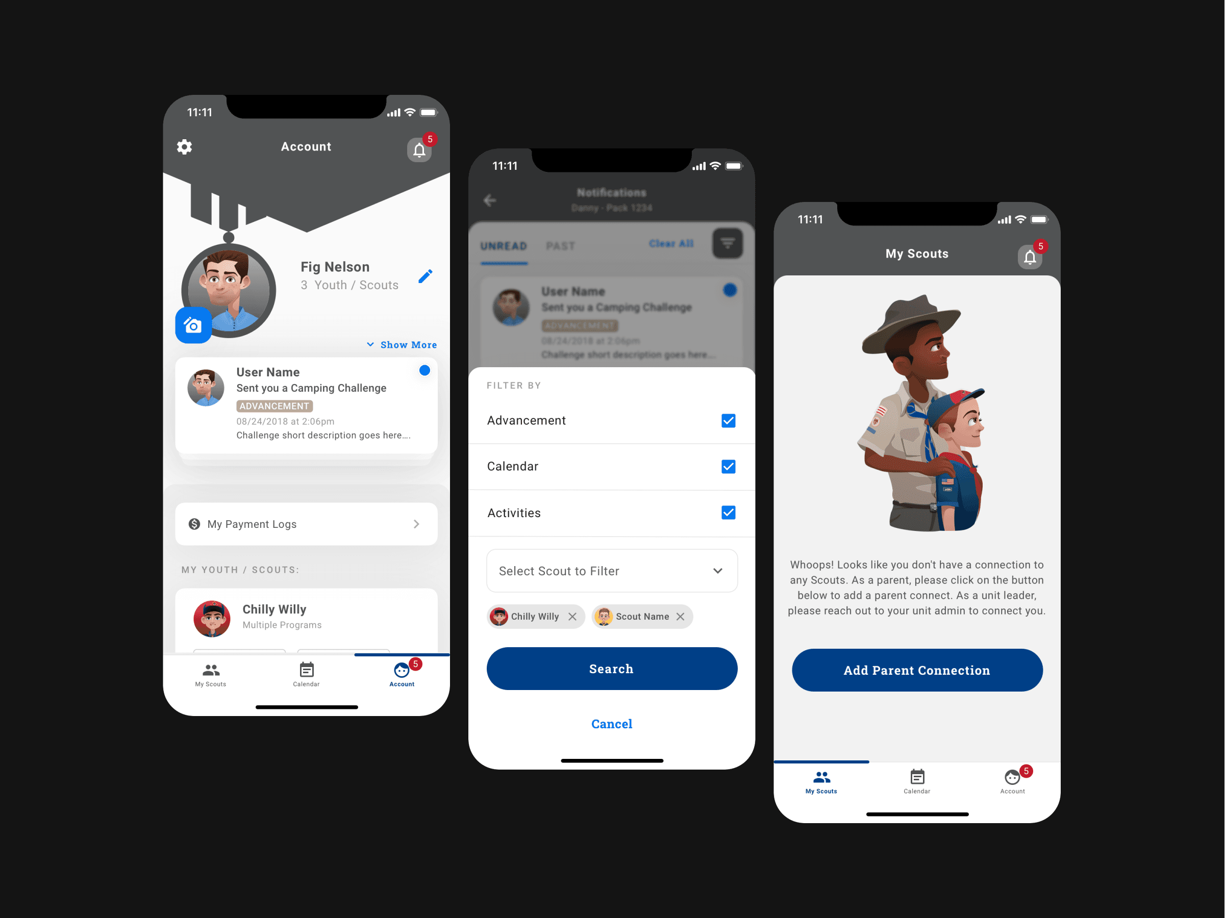 Threee mockups representing the Scout profile and his information.