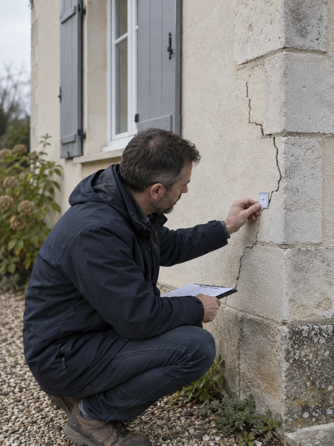 Expert bâtiment examinant une fissure en escalier sur la façade d’une maison, avec une jauge de mesure