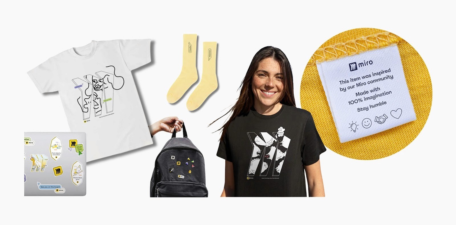 Miro-branded merchandise including T-shirts, stickers, socks, a backpack, and a clothing label close-up
