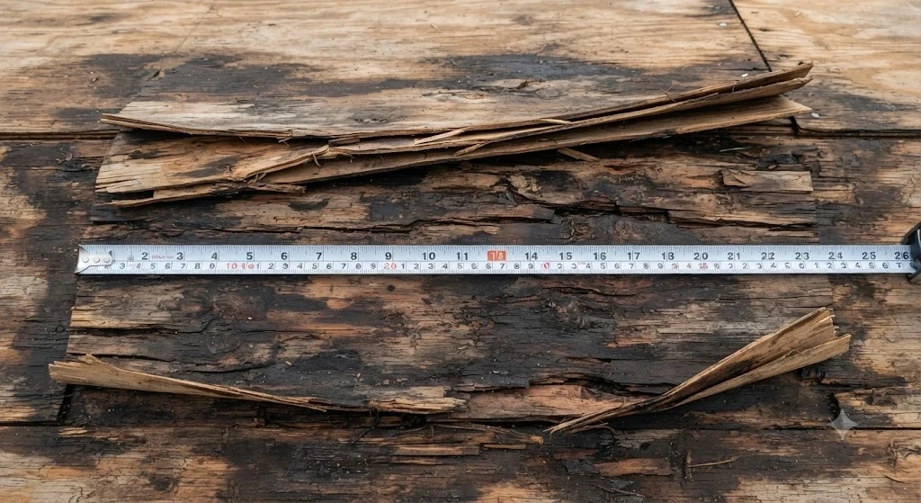 Water-damaged and delaminating plywood roof decking documented with a tape measure for an insurance claim