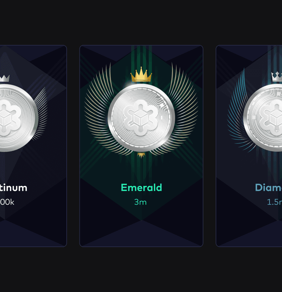 Premium UI design for the "Emerald" tier of the Bitazza loyalty program. The card features a silver coin with a gold crown icon against a dark, geometric background with green glowing accents, representing high-volume trading status and VIP benefits.