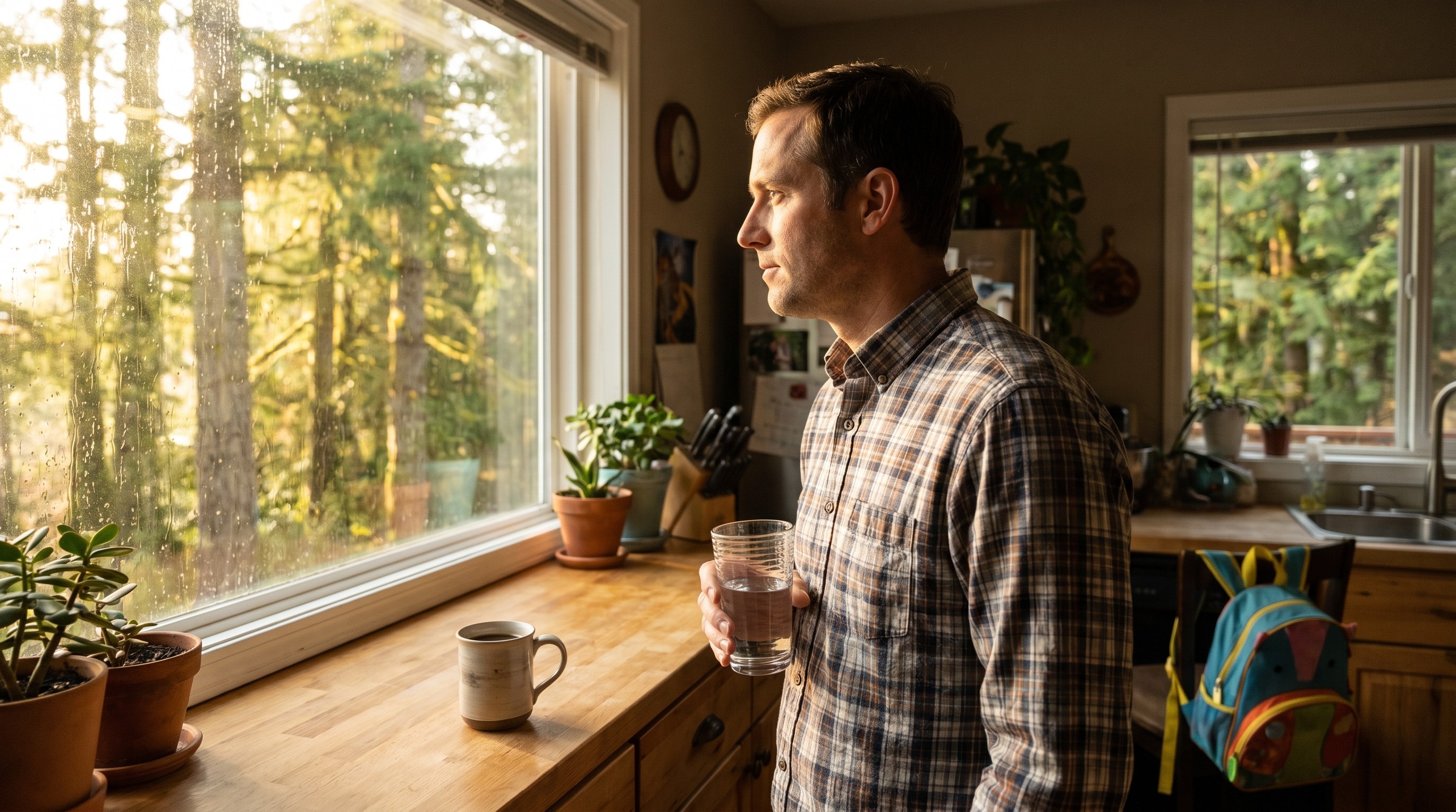 Man at sunlit kitchen window holding water glass, thoughtful morning moment in a Pacific Northwest home