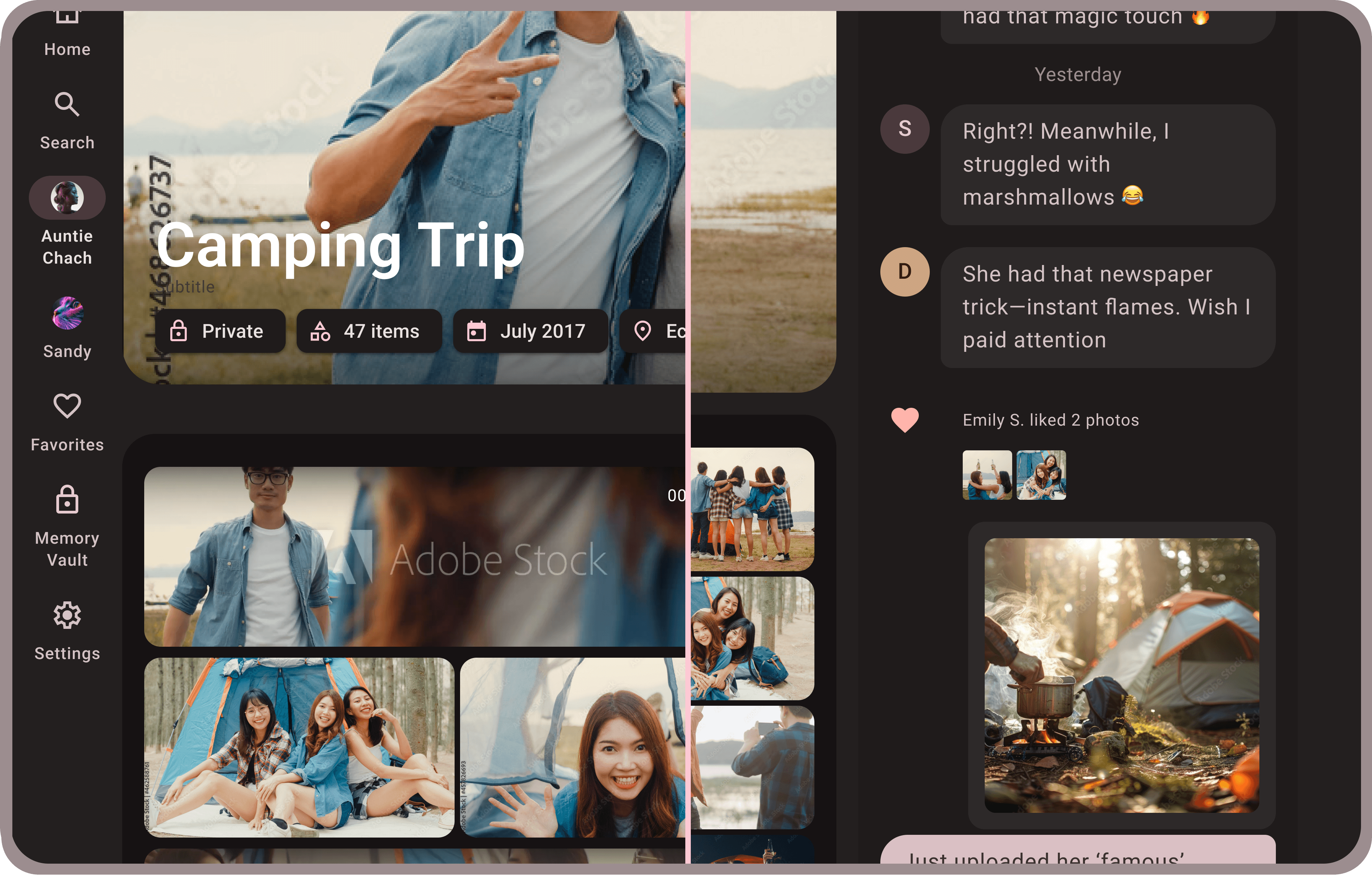 A mobile UI iteration for the Remembrance app shared photo album featuring a new right-side panel with user comments and photo likes.