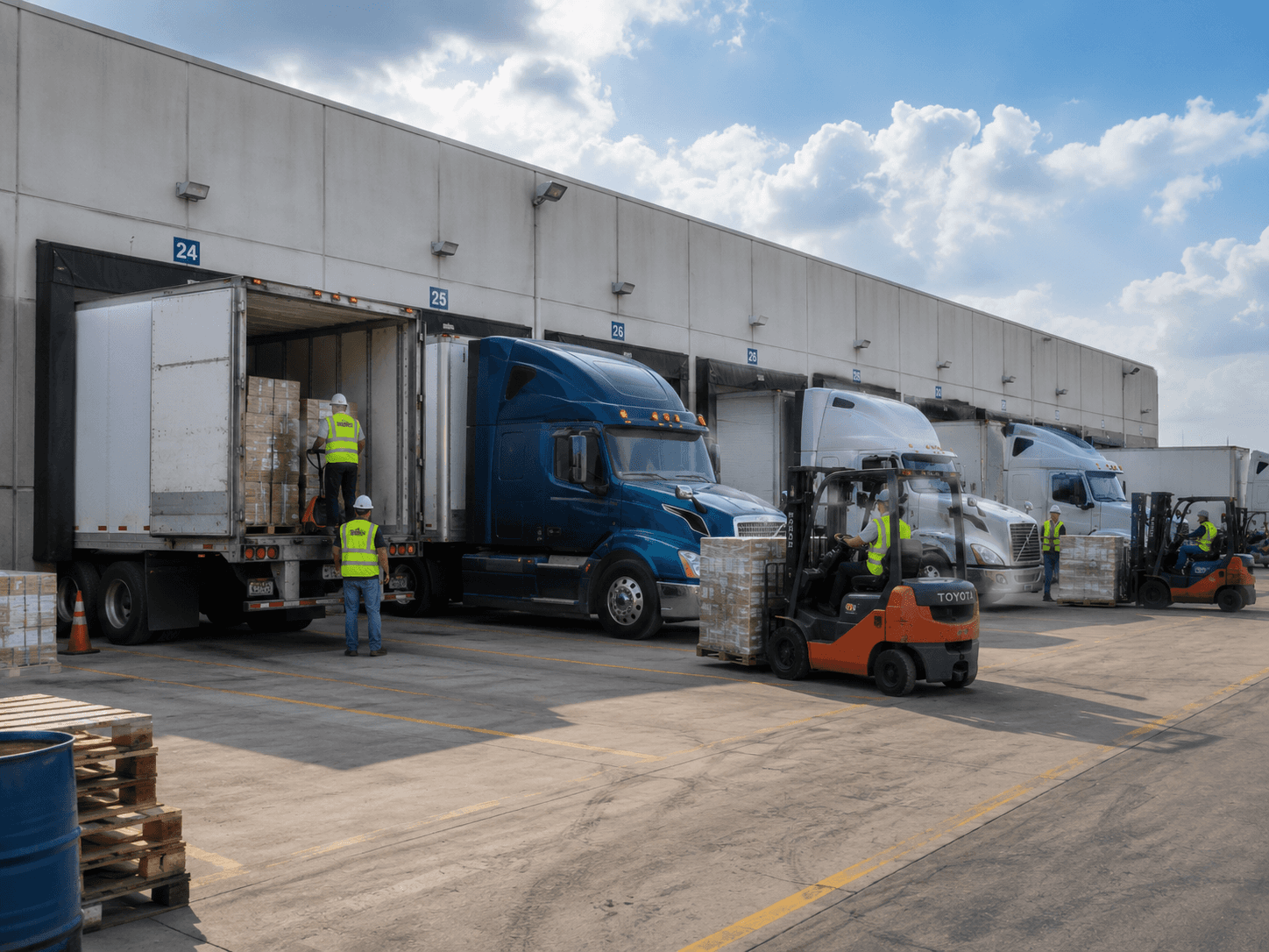 Workers load palletized freight into semi trucks at warehouse docks while forklifts move shipments across the loading area on a clear afternoon.